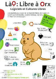 LàO : Libre a Orx
Logiciels et Cultures Libres
Une journée pour explorer les logiciels libres, les communs
numeériques (Wikipédia, OpenStreetMap). Ateliers,
conférences et échanges!
Linux Mint 
Ubuntu Questing Quokka 
Firefox Vie Privée
Framasoft 
Inkscape
Android 
Editathon 
 Panoramax 
WiIKIpedia
Carto Party Fish
OpenStreetMap
Shell
Open source 
Open Hardware 

Date: Sam. 18 oct.
Horaires: 10h-17h 
Lieu: Place de la mairie, Orx 
Contact: libre.a.orx.edgy933@aleeas.com 
