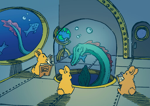 Bunnies observe a sea monster from an underwater observatory. There is a round observation glass in the room, which connects to the water outside, and the sea monster pops their head in to look at the bunnies. The sea monster has a fish in it's mouth