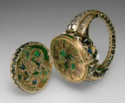 Gold, emerald, and diamond signet ring, with an internal clock, Germany, mid-17th century AD