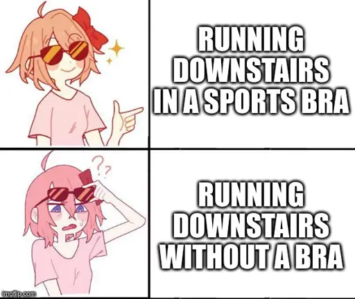 [Coolyori happy] Running downstairs in a sports bra / [Coolyori perplexed] Running downstairs without a bra