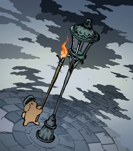 A bunny lamplighter, with an old-fashioned lamplighter's wick, lights a streetlamp on a very foggy night. Almost nothing else is visible except the cobblestone streets