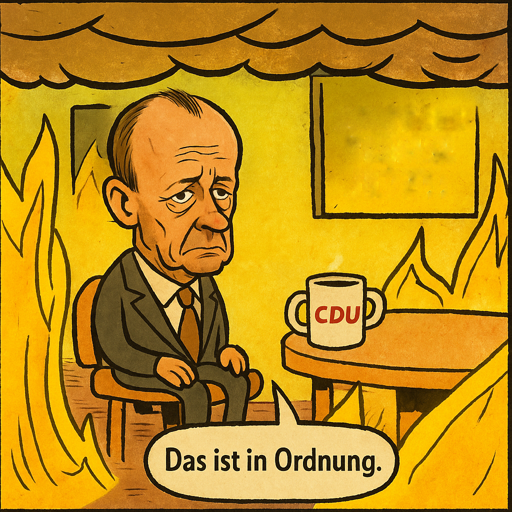 Friedrich Merz sitzt in einem brennenden Raum und sagt "Das ist in Ordnung"