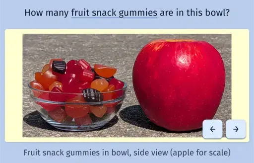 A screenshot of the daily game Estimate Me featuring a bowl of fruit snack gummies on the left and an apple on the right