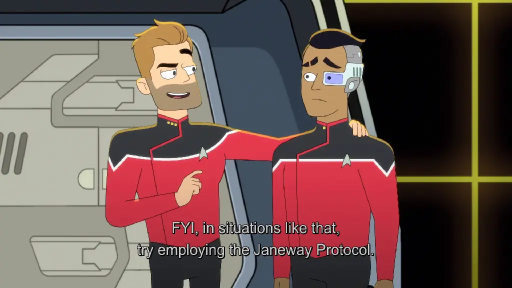 Screenshot from Lower Decks season 1 episode 2 &quot;Envoys&quot;. Commander Jack Ransom tells Ensign Samanthan Rutherford &quot;FYI, in situations like that, try employing the Janeway Protocol