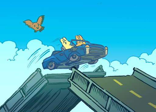 Bunnies in a convertible drive recklessly over a drawbridge as it is raised. They have frantic expressions, and a bird watches them from above the drawbridge
