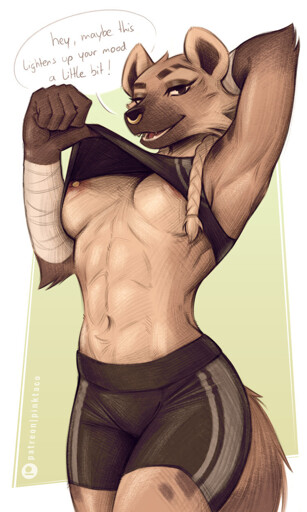 a sexy illustration of oc Rakiya. she's wearing her usual sports bra and short pants combo. with her thumb she's lifting up her top, allowing you to get a good glance at her breasts and pierced nipples. with a smile she says "hey, maybe this lightens up your mood a little bit!"