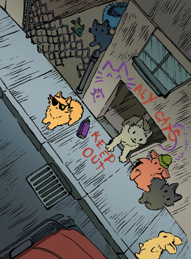 A bunny is sitting on a street corner with a cadre of cats friends. They have made cat-themed graffiti around the area, establishing it as their turf by saying 'Alley Cats - Keep out!' The bunny and their cat group are just hanging out, but a second bunny walking down the street eyes them cautiously. 