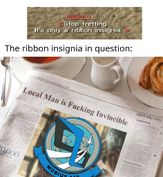 (Ace Combat 4 screenshot saying "Stop fretting. It's only a ribbon insignia.") The ribbon insignia in question: (picture of a newspaper with the headline "Local Man is Fucking Invincible" and picture of Mobius squadron's emblem)