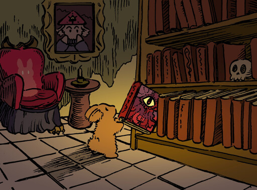 A bunny takes a very scary-looking book from a bookshelf, in an old mysterious reading room. The book is red, and has a glowing eye on it as well as strange patterns. The entire book is faintly glowing as well. An apparition and a face in a painting watch the bunny apprehensively. 