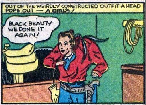 A girl's head pops out of the cowboy-clad body of a headless man