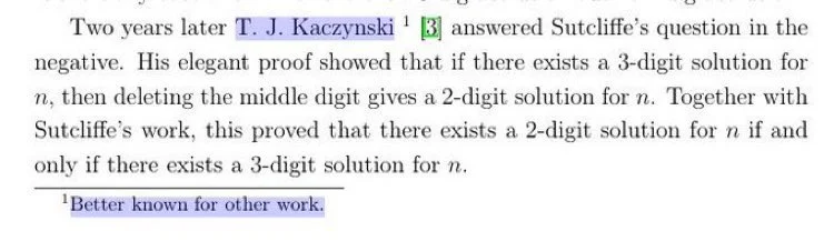 A paper citing T. J. Kaczynski with the foot note &quot;Better known for other work.&quot;