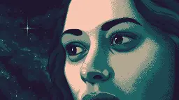 Close-up pixel art portrait of a woman in green hues, with stars in the background