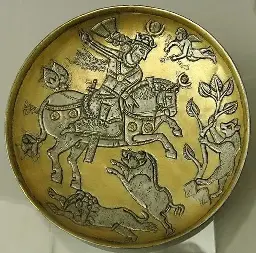 Gilded silver plate depicting a hunting ruler, Iran, 7th century AD