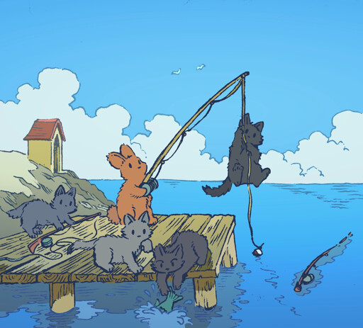 A bunny fisherman at a dock tries to teach some cats to fish. One of the cat's clings to the bunny's fishing rod, and two other cats are fishing by just splashing their paws into the water. All the cats are ignoring the smaller fishing rods provided by the bunny.