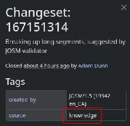 A screenshot of an OpenStreetMap Changeset whose source is stated as "knowledge".