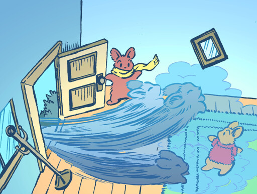 A bunny opens the front door of their house. Three translucent wind-bunnies, representing the cold, come whooshing in! A second bunny, the roommate, is distraught.