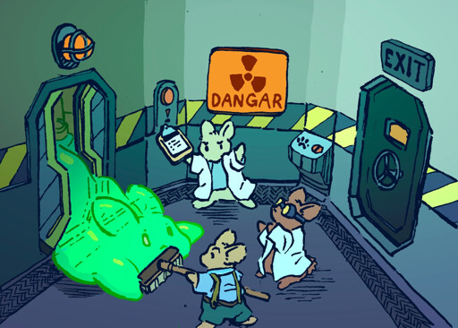 A giant green blob monster, shaped like a bunny, blobs its way out of a door of a sci-fi laboratory. Two scientist bunnies react in shock as it blobs towards them, and an intrepid bunny janitor fends off the Blob Bunny with a broom.
