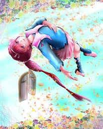 a fantasy illustration of a girl wearing a pink and blue clothes swimming in the open air, leaning back with her long pink ponytail floating along underneath her; she's above a flower field and below an upside-down flower field with flower petals flowing all around; they lead to a floating metal doorway with nothing attached, this is the entrance to the Nacho Alliance from Eve Online; maybe we're actually in space?