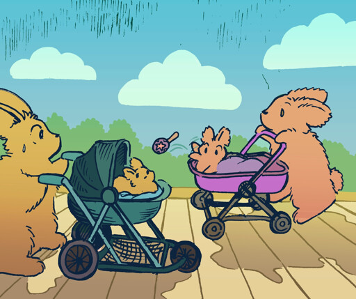 Two bunny parents push strollers containing their respective bunny children, both still babies. One rambunctious bunny innocently lobs her rattle directly at the other bunny's stroller, to the embarassment of both parents. The other baby bunny is unaware of the incoming object