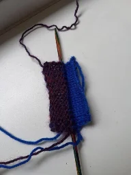 Une aiguille de tricot avec deux tissus différents dessus. Les mailles sont alternées sur l'aiguille: violet puis bleu puis violet etc. Les deux tricots partent a droite et à gauche de l'aiguille.