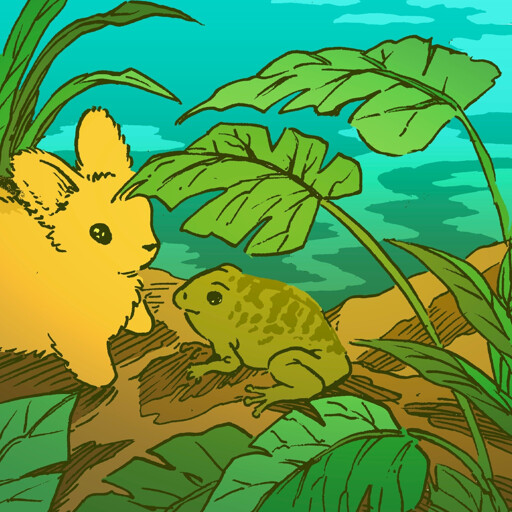 A bunny by the edge of a pond makes friends with a small frog (or maybe toad.) They sit on the shore, underneath a large leaf