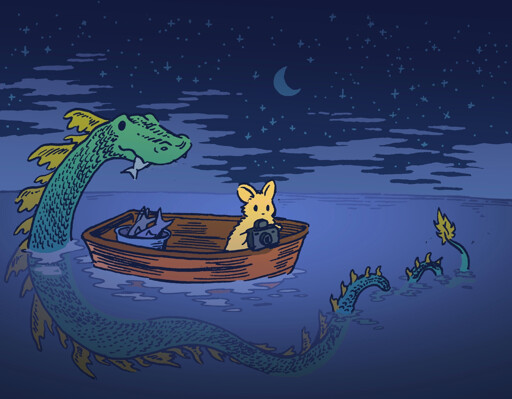 A bunny is out on a boat at night, with some fish in a bucket to lure sea creatures. He spies the tale of a small serpent above the water, and grabs his camera to take a picture of it. Unbeknownst to him, the sea serpent is actually quite large and has snuck underneath and around the boat to steal one of the fish from behind the bunny's back.