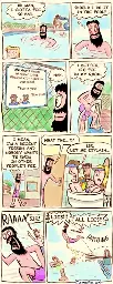 A guy is  swimming in a swimming pool, but he has to pee real bad. Guy: OH MAN, I GOTTA PEE SO BAD.  For a brief moment, he considers his options. Guy: SHOULD I DO IT IN THE POOL?  He sees a sign that says “we don’t swim in your toilet. Don’t pee in our pool. Thanks, staff“ Guy: NAH.  He climbs out of the pool. Guy: I BETTER GO PEE IN MY ROOM.  He walks towards his motel room. Guy: I MEAN, I’M A DECENT PERSON, AND I WOULDN’T WANT TO SWIM IN OTHER PEOPLE‘S PEE.  The guy is confronted by a few staff members, swimming in his toilet bowl. Guy: WHAT THE…?!? Employee: SIR, LET ME EXPLAIN…  The guy runs back to the pool in anger, being chased by a staff member. Employee: SIR!  The guy jumps off the spring board and urinates mid flight into the pool over the other visitors. Guy: LIES!!! ALL LIES!!!