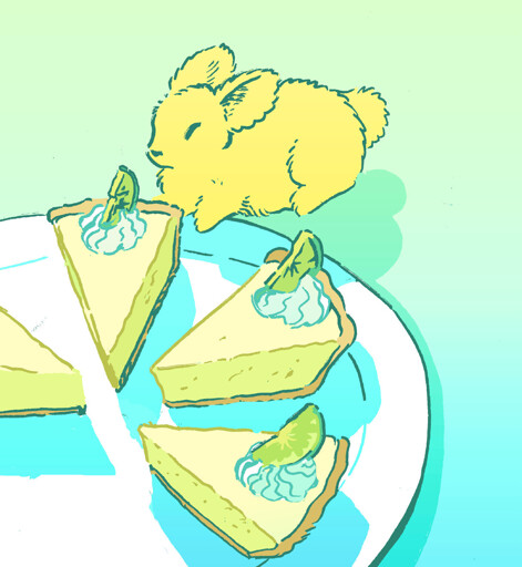 A bunny sits next to a plateful of key lime pie slices. The bunny is yellow, sort of lime-colored but more lemon.