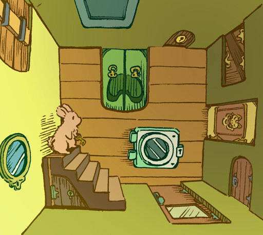 A bunny stands in a small, square room surrounded by doors: Not Just on the walls, but also on the floor and ceiling, at odd angles. All the doors are different shapes, some new and some old-fashioned, and one is a dryer. The bunny holds a golden key in his hand, wondering which door to try.