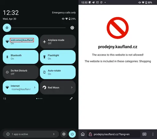 Two Android phone screenshots side by side. One shows Quick Settings tiles, apparently connected to the "welcome@kaufland" Wi-Fi network, the other shows web browser: "🚫 prodejny.kaufland.cz: The access to this website is not allowed! The website is included in these categories: Shopping"