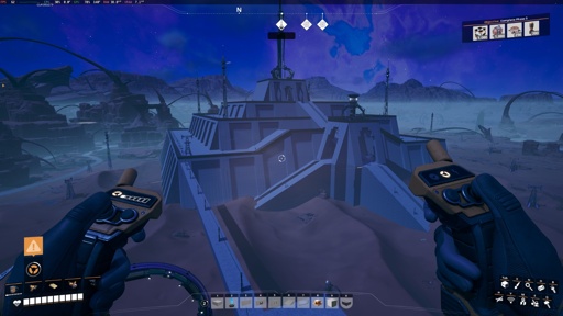 A screenshot from the game Satisfactory, of a ziggurat I built in the Dune Desert.