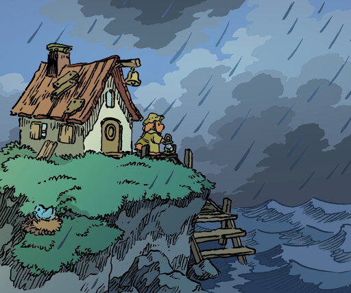 A bunny in a ramshackle house by the sea looks out over the waves. Dark storm clouds have formed over the water, and heavy raindrops have begun to fall. The bunny holds a lantern, and is wearing an old-fashioned yellow raincoat