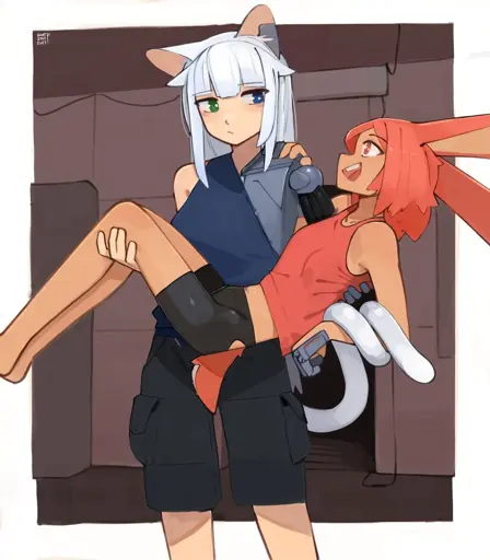 A drawing of a woman with mouse ears and a robot right arm with a deadpan look holding another woman with bunny ears with a carefree smile.