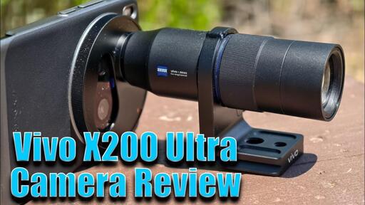 thumbnail for my vivo x200 ultra camera review showing the phone and the CRAZY long telephoto lens attachment.