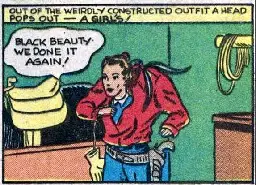 A girl's head pops out of the cowboy-clad body of a headless man