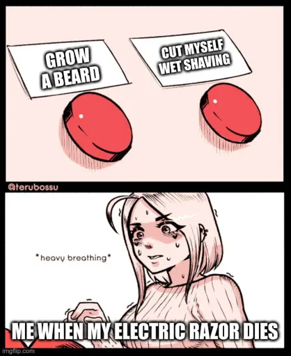 [Two buttons] Grow a beard; Cut myself wet shaving / [Woman] Me when my electric razor dies