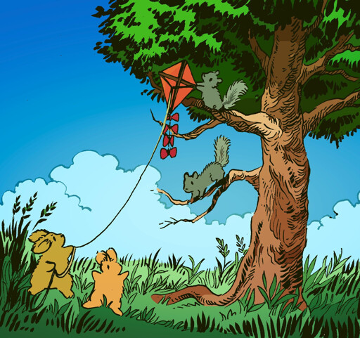 A bunny parent and child are trying to get their kite down from a tree: They were flying a kite on a summer day. But two squirrels in the tree ( also a parent and child), are seemingly refusing to give up the kite, although negotiations are under way.