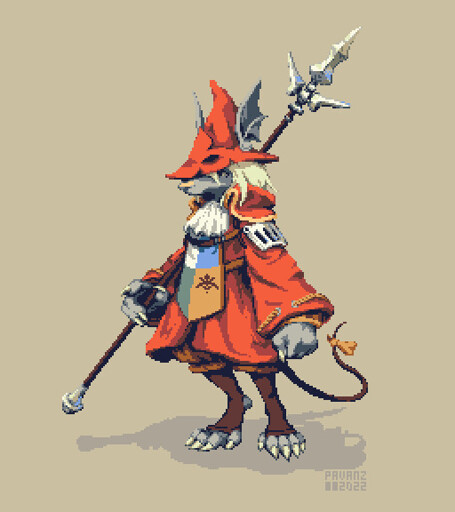 Pixel art sprite of Freya Crescent, from Final Fantasy IX, an anthropomorphic rat woman with grey fur wearing a heavy red coat, a pointy hat with wings at its sides and holding a spear