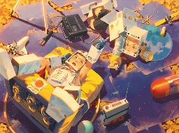 an illustration of Mutta and Hibito from Space Brothers in homemade cardboard astronaut costumes; they're laying down on top of paintings of planets and night skies, playing with spaceship toys, talking on walkie-talkies, and pretending they're on a mission in space