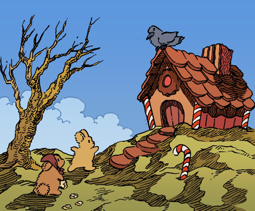 Bunny versions of Hansel and Gretel encounter a house made of gingerbread, as well as peppermint and other sweets. Gretel has been leaving a trail of breadcrumbs, which a nearby crow eyes hungrily