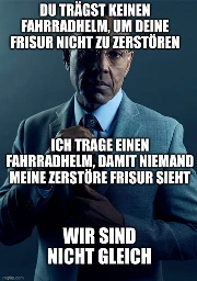 Du trägst keinen Fahrradhelm, um deine Frisur nicht zu zerstören.
Ich trage einen Fahrradhelm, damit niemand meine zerstörte Frisur sieht.
Wir sind nicht gleich.