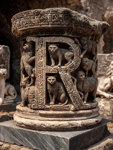 A pillar engraved with cats, the letter R is prominently featured in it's center. 