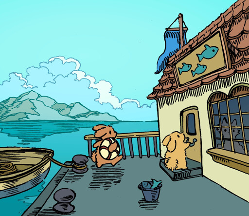 Two bunnies disembark from a small boat, going up to a nearby seafood market with a bucket of fish and a life preserver. Having just got back from fishing, they hope to sell their wares