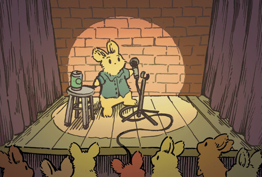 A bunny is doing some standup, performing for a small audience against a brick wall backdrop. They have a microphone in hand, as well as a stool with an open beer on it.
