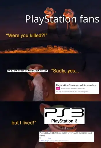 ("PlayStation fans" text in background) Were you killed? (another character with old PS3 logo on top) "Sadly yes..." (article saying "Playstation 3 sales crash to new low" to side) (same character) "but I lived!" (has new PS3 logo over them, next to article saying "PlayStation 3 Lifetime Sales Overtakes the Xbox 360 - News")