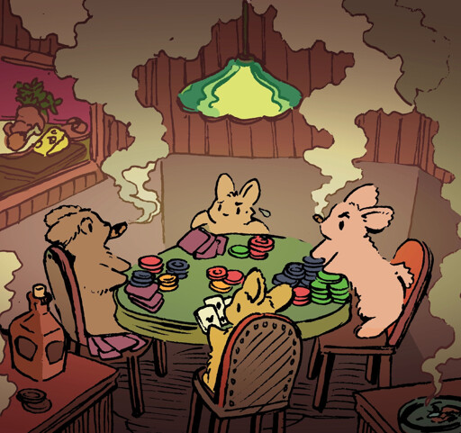 Four bunnies play poker around a table, smoking big cigars. The one with the most chips pushes all theirs into the middle, to the astonishment of the other bunnies. At least one of them is cheating.