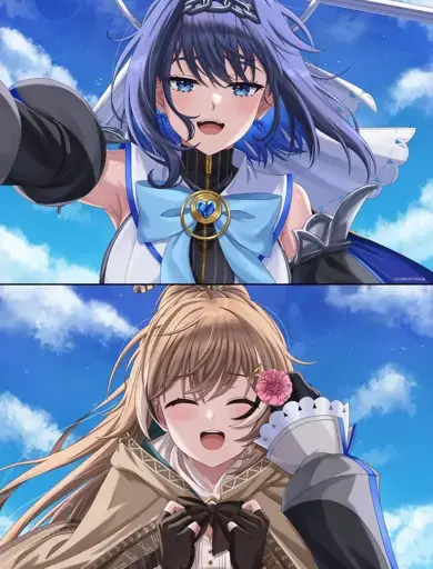 A happy Ouro Kronii placing a flower into the hair of a beaming Nanashi Mumei.