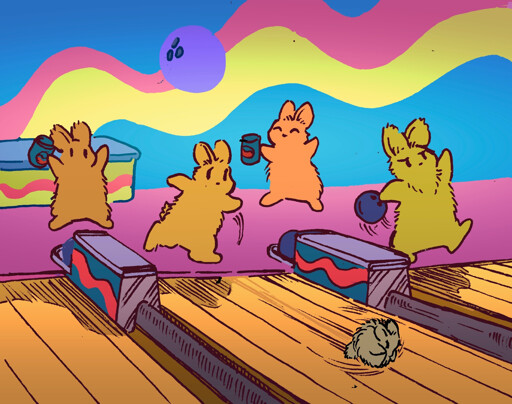 A bunch of bunny friends are having a casual round of bowling at a retro-styled bowling alley. Two friends are cheering on a third bunny, while a fourth is taking the game way too seriously. A fifth bunny, the 'Alley Bun', has agreed to be the bowling ball, and is currently rolling.