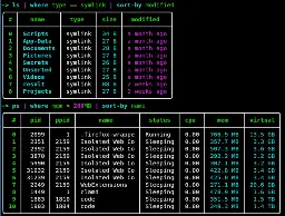 nushell giving nice table outputs to `ls | where type == symlink | sort-by modified` and `ps | where mem > 200MB | sort-by name`