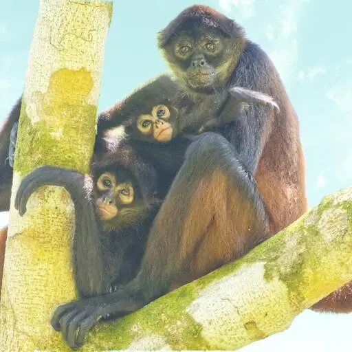 Three monkeys in the crotch of a tree -- the mother has her arms around a small baby who is centered and a bigger baby. They are skinny with "tanning goggles" around their eyes. These are Spider Monkeys. Osa Peninsula, Costa Rica. Photo by Peachfront.